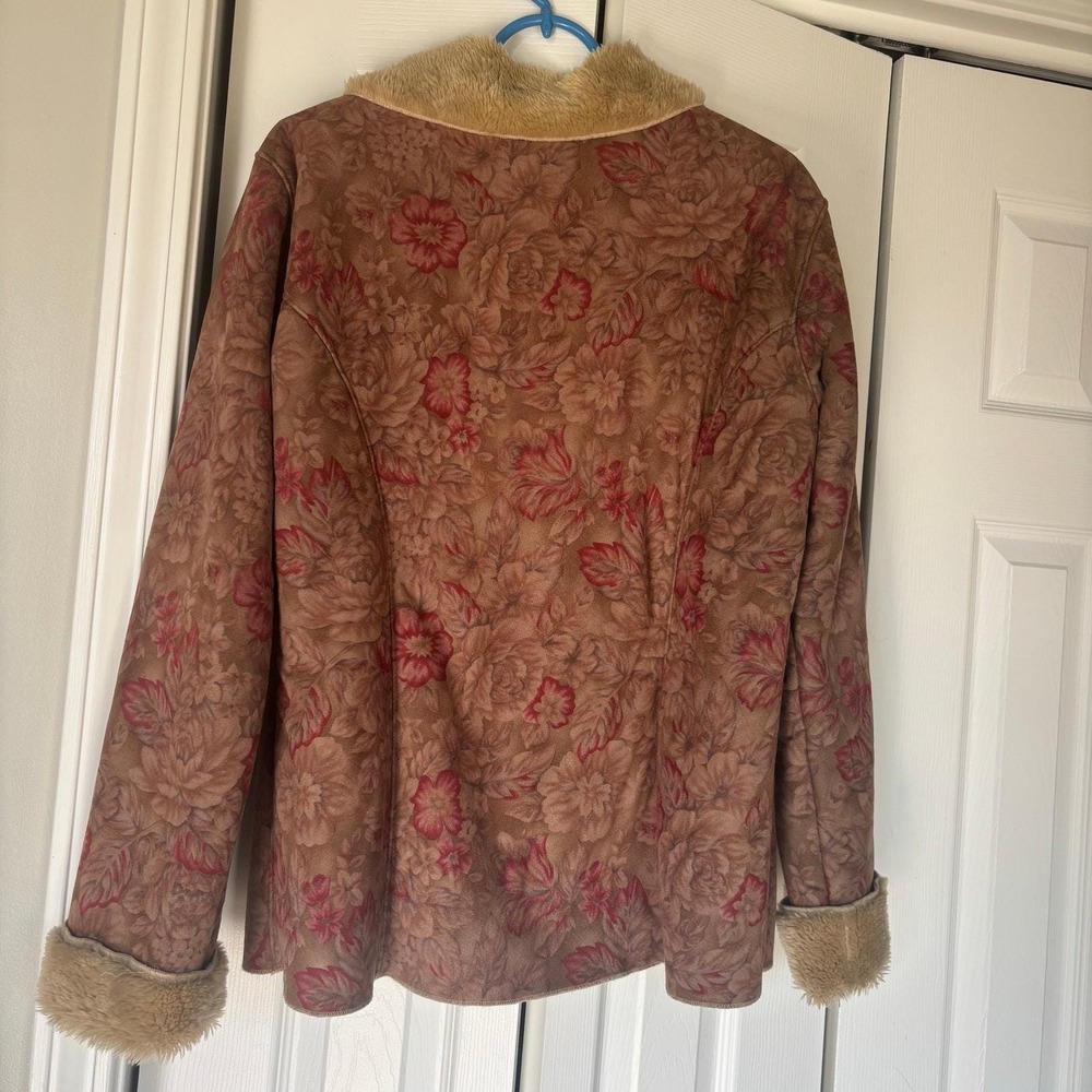 Coldwater Creek Floral Faux Suede Jacket Faux Fur Trim Penny Lane Boho Brown L - Picture 3 of 11